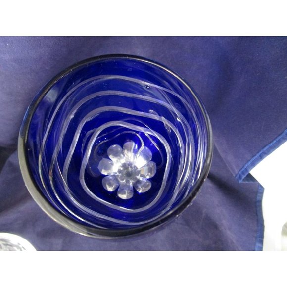 Cobalt Cut to Clear Wavy Lines Crystal Bohemian Wine Glass Unmarked Flawed - Picture 8 of 16